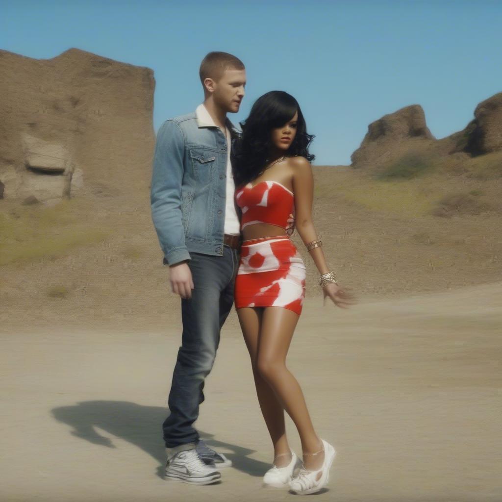 Rihanna and Calvin Harris in the music video for We Found Love