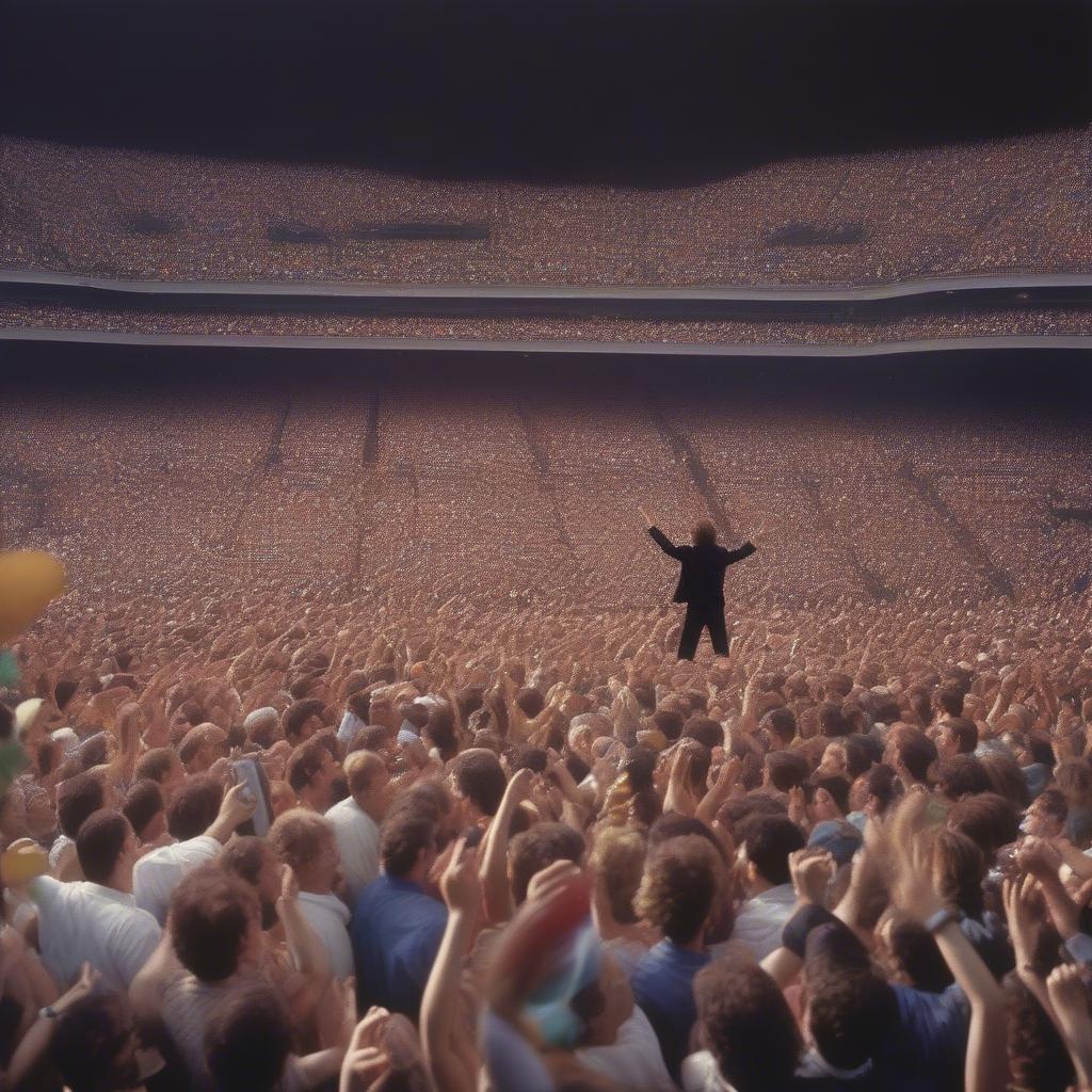 Billy Joel performing in a large stadium during the 1980s