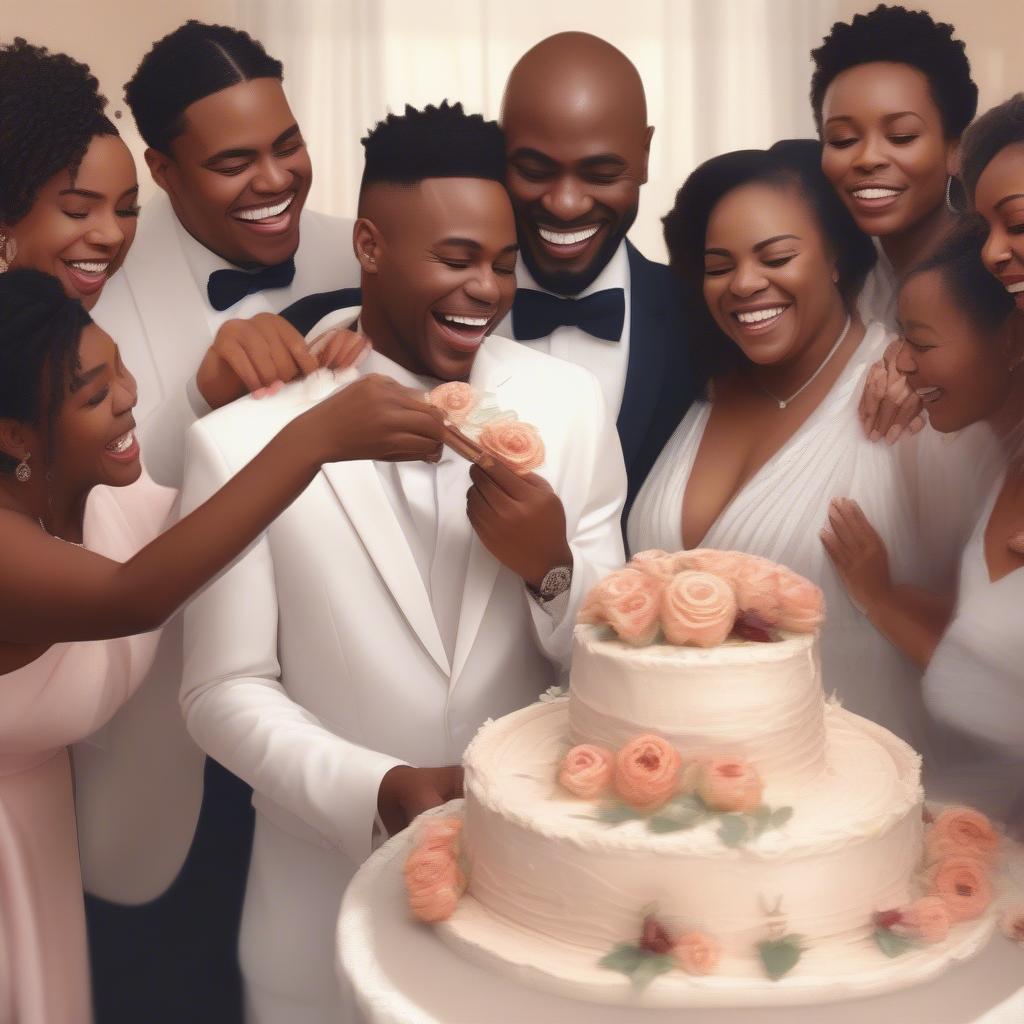 Black Couple Cutting Wedding Cake