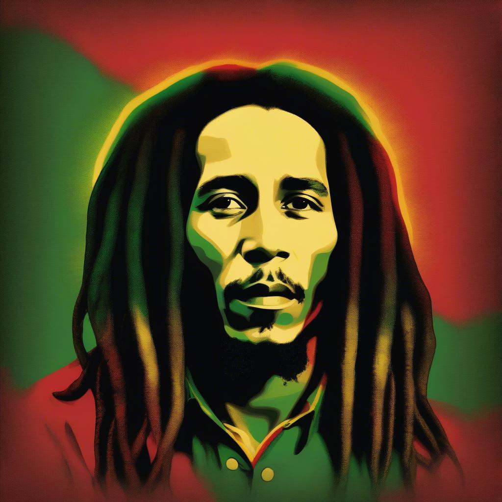 A portrait of Bob Marley with a backdrop of Rastafarian colors – red, green, and gold – highlighting his cultural identity and influence.