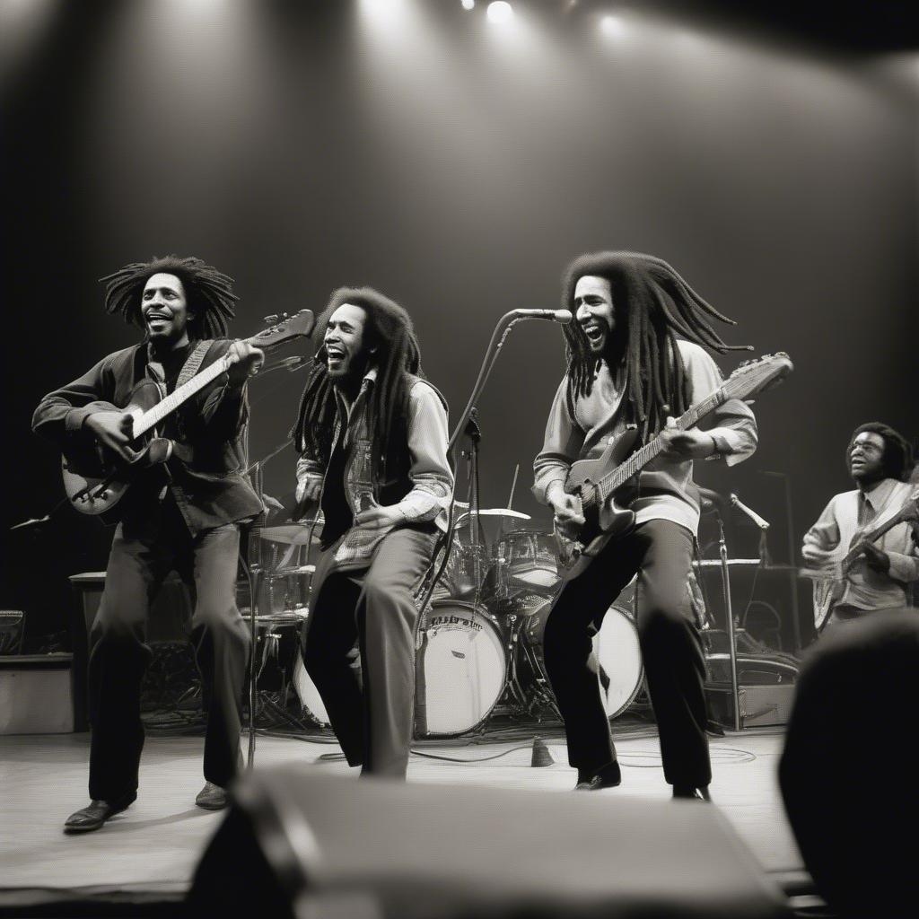 Bob Marley performing with The Wailers, showcasing their incredible musical synergy and stage presence.