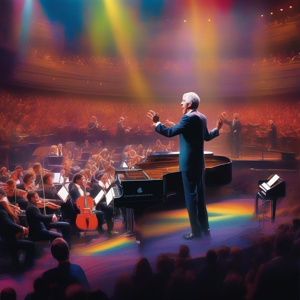 Burt Bacharach conducting a full orchestra during a live performance.