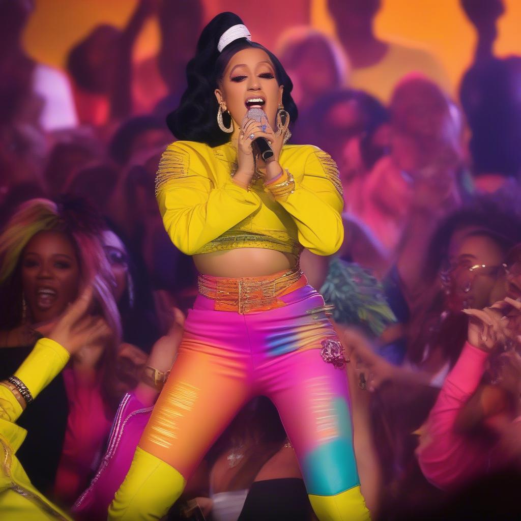 Cardi B performing Bodak Yellow in a vibrant outfit