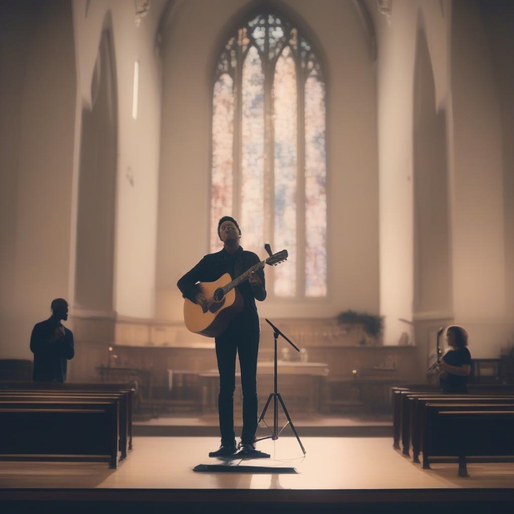 A solo performer singing a hymn in a Catholic church, accompanied by a guitarist.