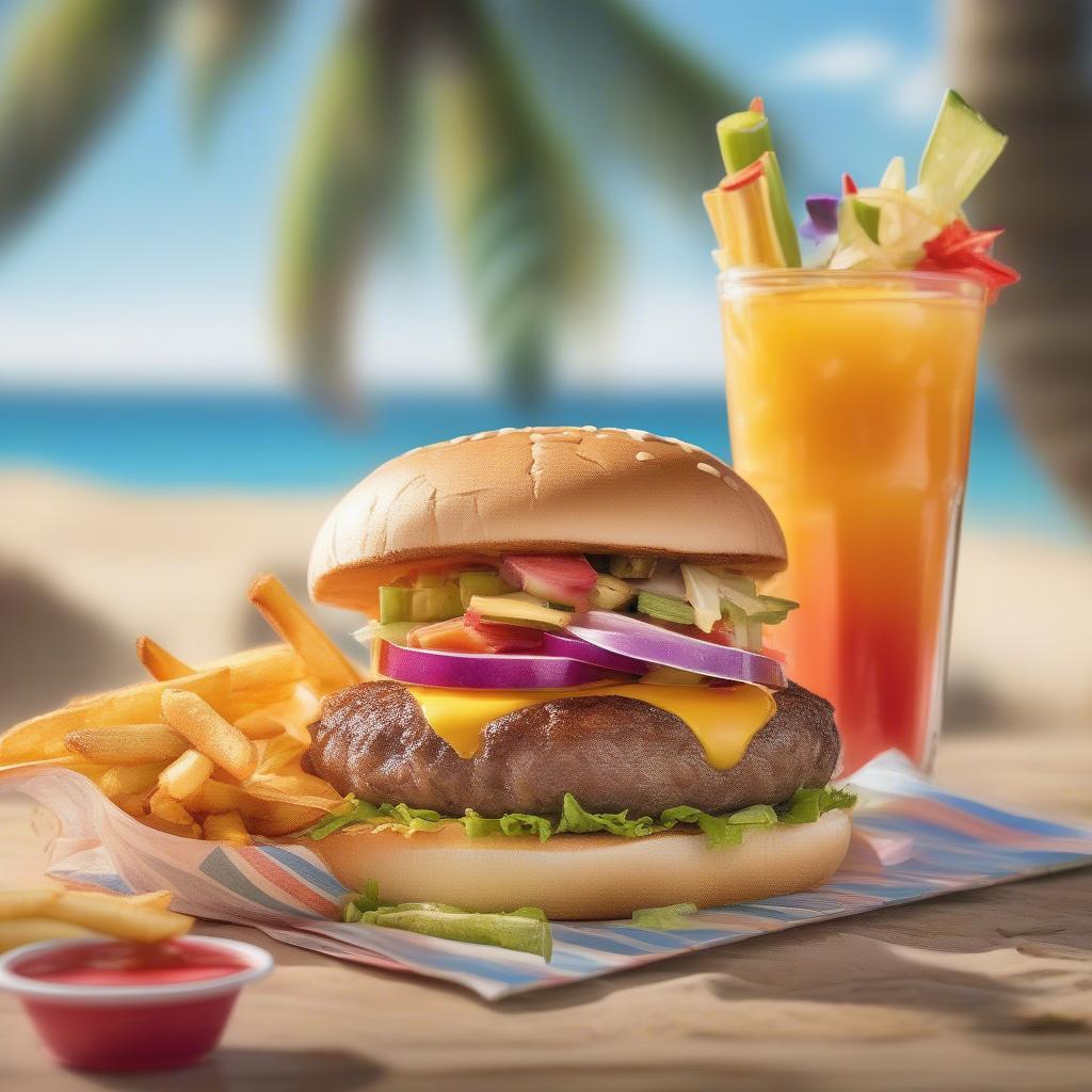 A delicious cheeseburger served with fries and a tropical drink, evoking the spirit of Jimmy Buffett's "Cheeseburger in Paradise".