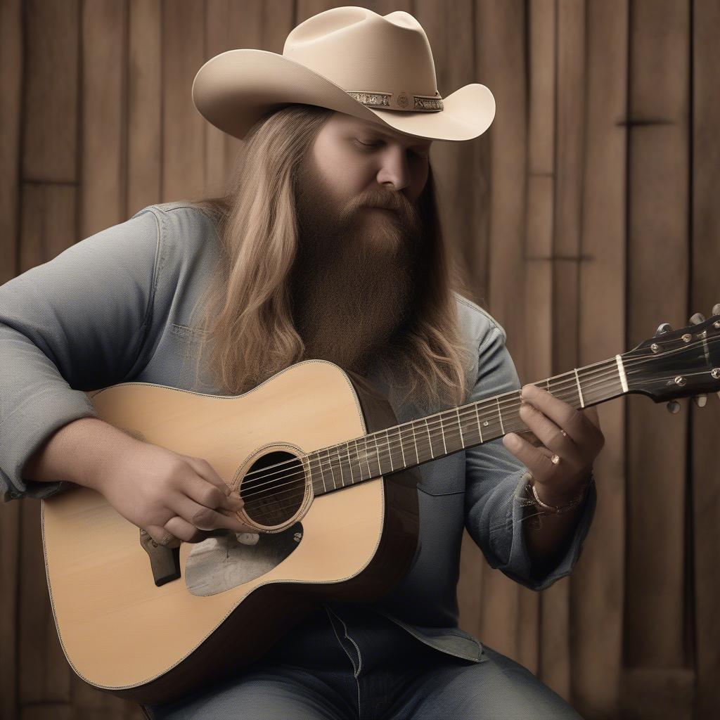 Close-up shot of Chris Stapleton’s hands expertly playing a worn acoustic guitar, showcasing his musical talent.