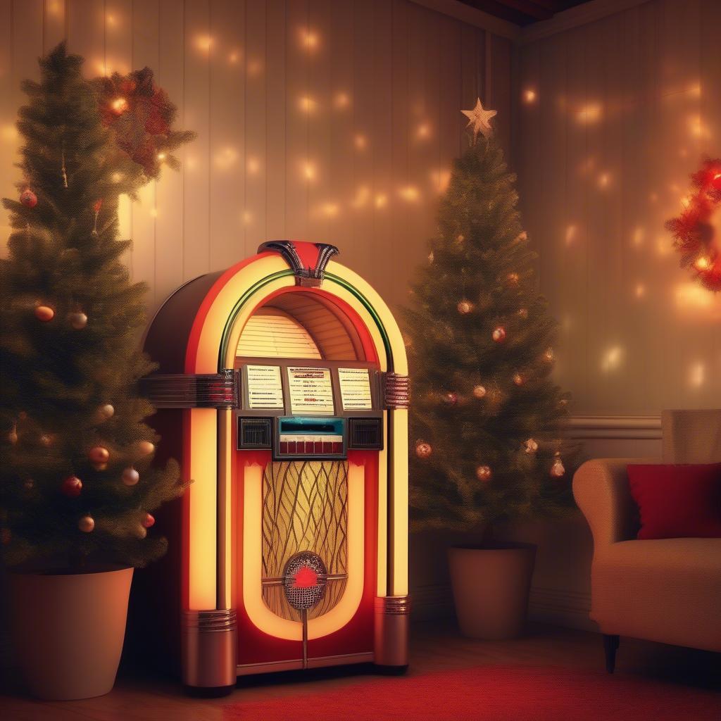 Christmas Jukebox: A vintage jukebox playing Christmas tunes in a cozy setting.