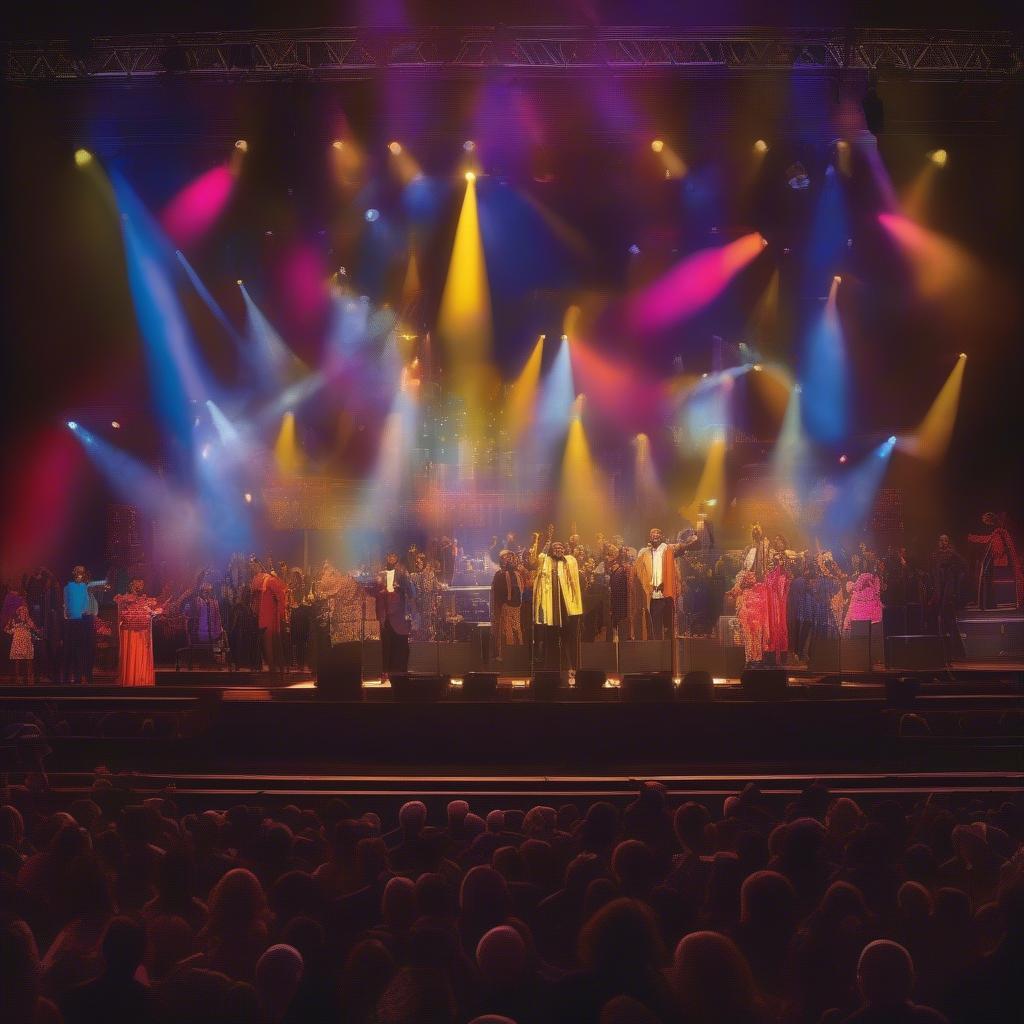 A contemporary gospel concert with a large band and energetic performers.