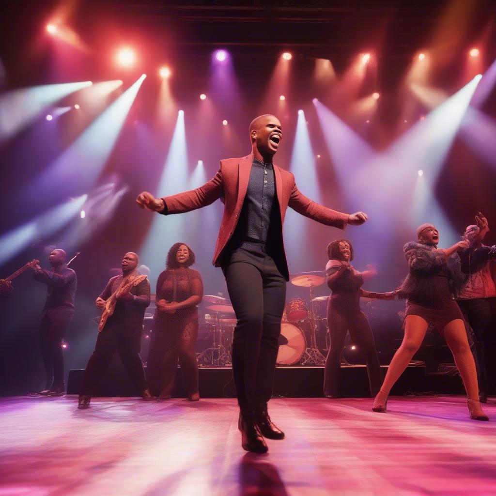 Kirk Franklin performing on a stage with a band and backup singers, with colorful stage lights.