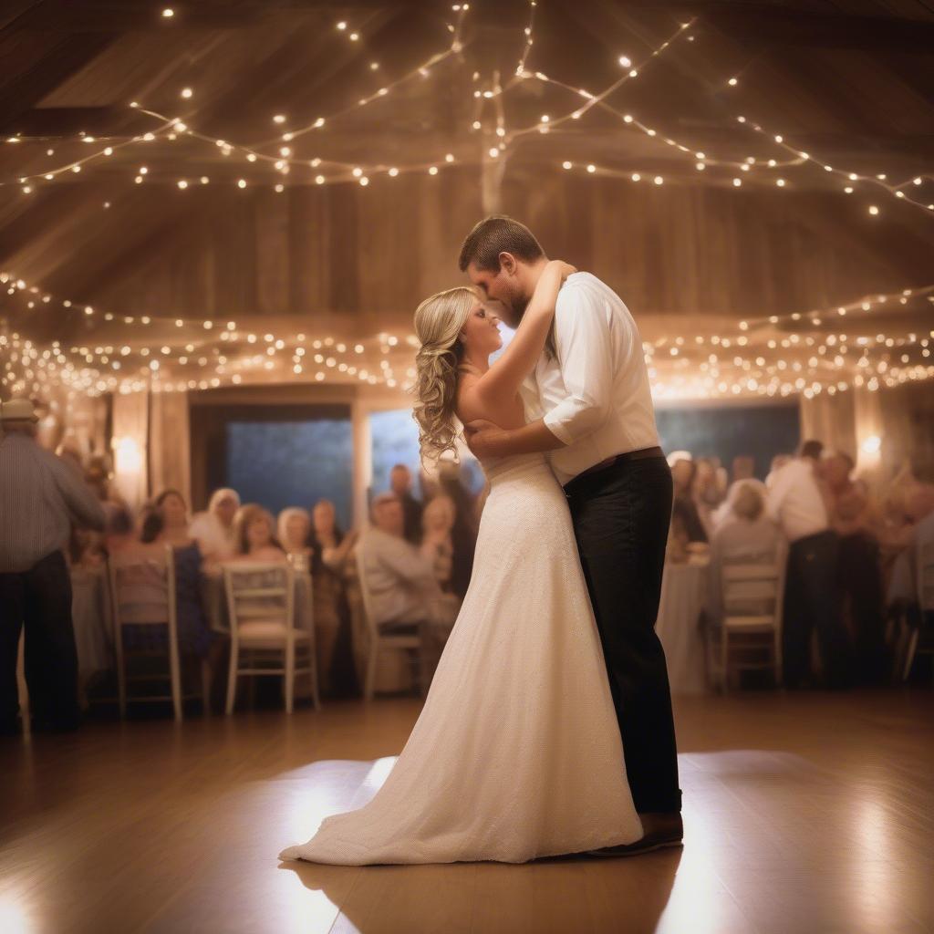 A Couple Sharing Their First Dance to a Country Love Song at a Rustic Wedding