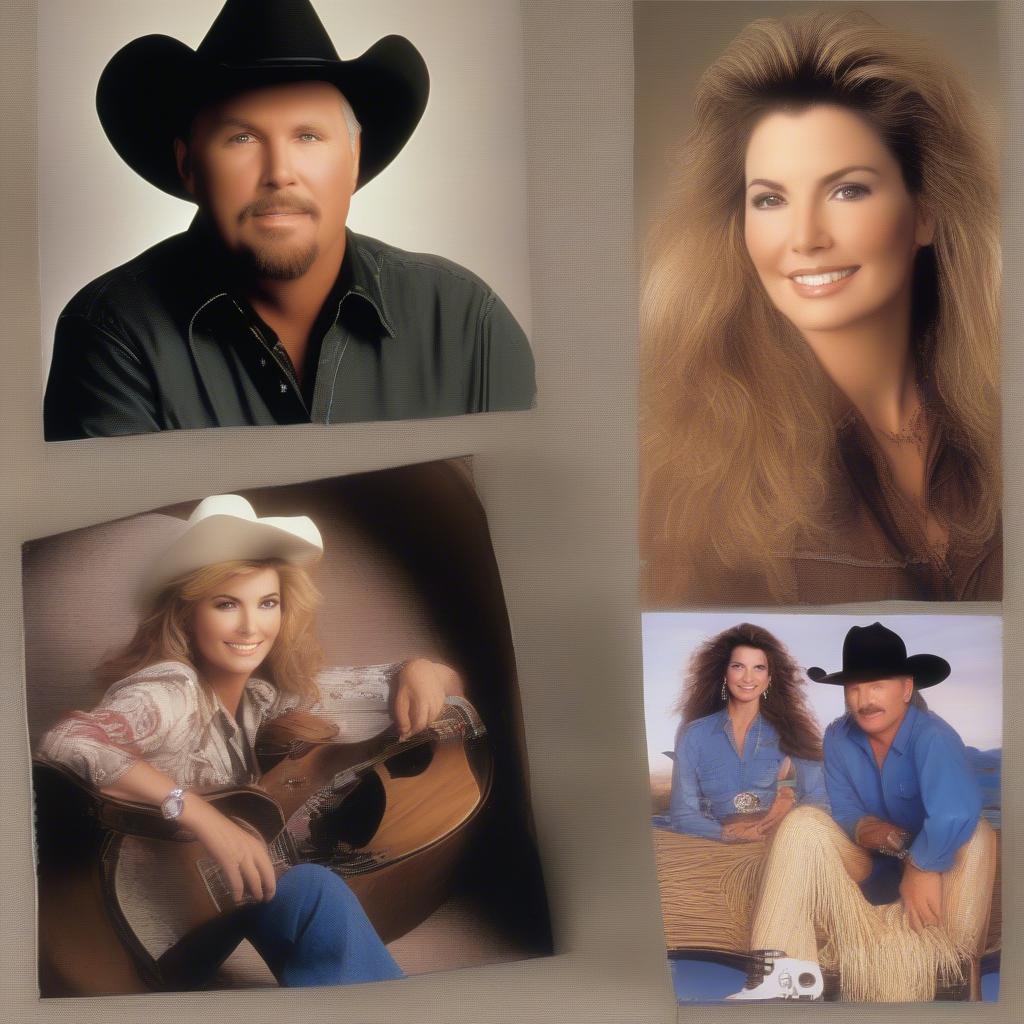 Country Music Icons of the 1990s: Portraits of Garth Brooks, Shania Twain, and Alan Jackson.