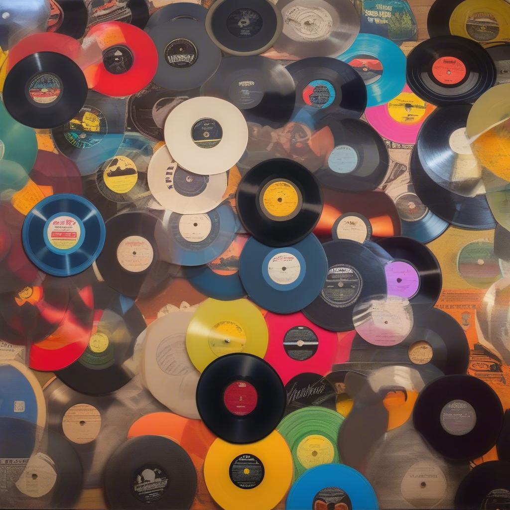 Country Music Vinyl Records from the 1960s: A colorful display of vintage country music vinyl records, illustrating the popularity of the physical music format during the decade.