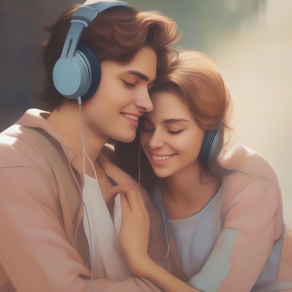 Couple Sharing Headphones and Enjoying Music Together