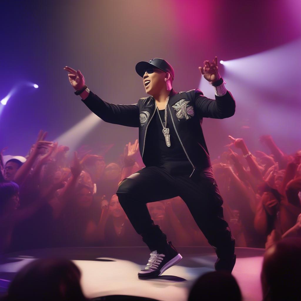 Daddy Yankee performing live in a packed stadium, engaging with the energetic crowd.