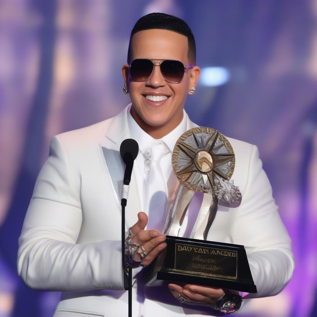 Daddy Yankee receiving a music award on stage, acknowledging the crowd. 