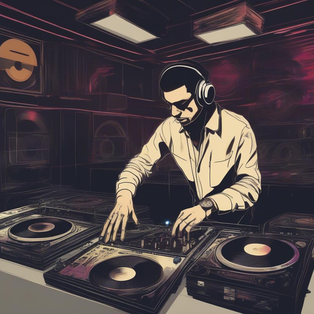 A DJ spinning vinyl records in a disco club