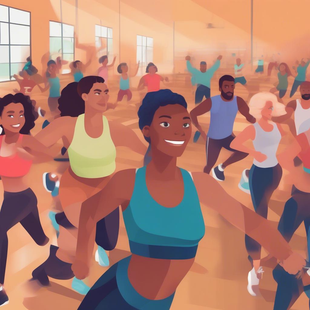 Diverse Group of People Exercising Together in a Gym with Energetic Music Playing