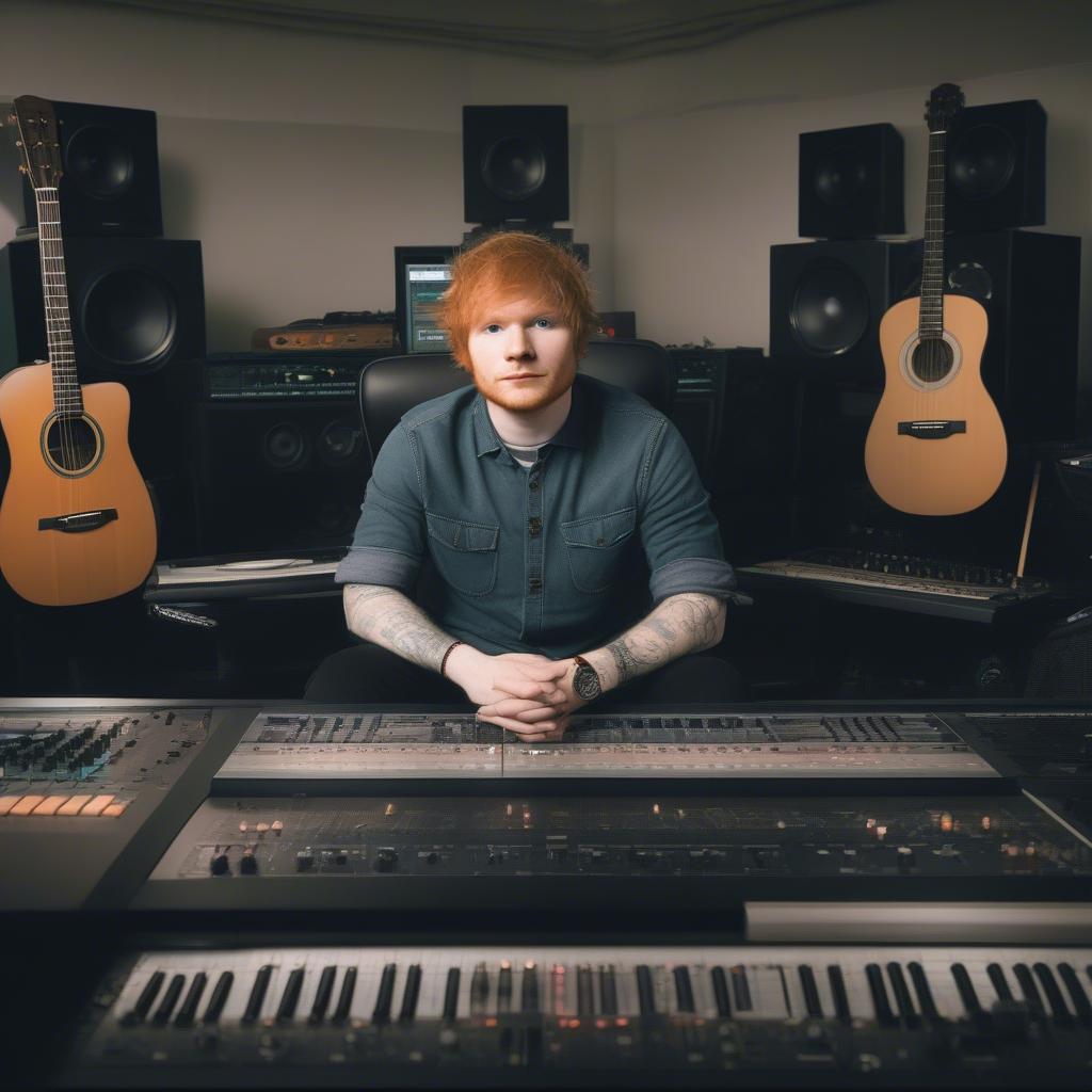 Ed Sheeran working in a recording studio