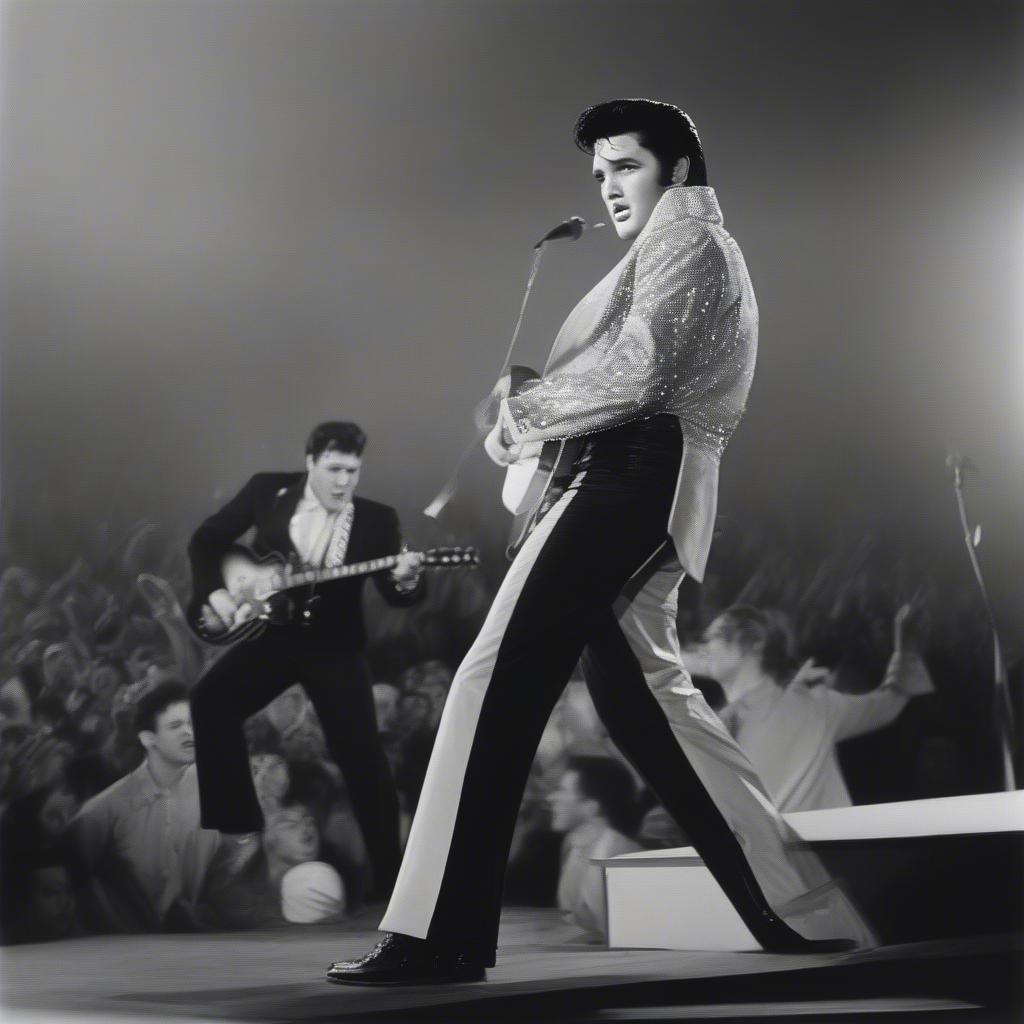 A colorized photo of Elvis Presley performing live on stage, wearing a white jumpsuit and holding a microphone. The background shows a cheering crowd and stage lights.