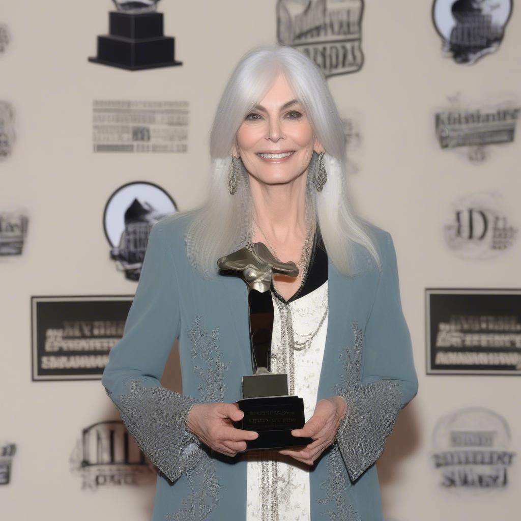 Emmylou Harris receiving a music award on stage, acknowledging her contributions to the music industry.