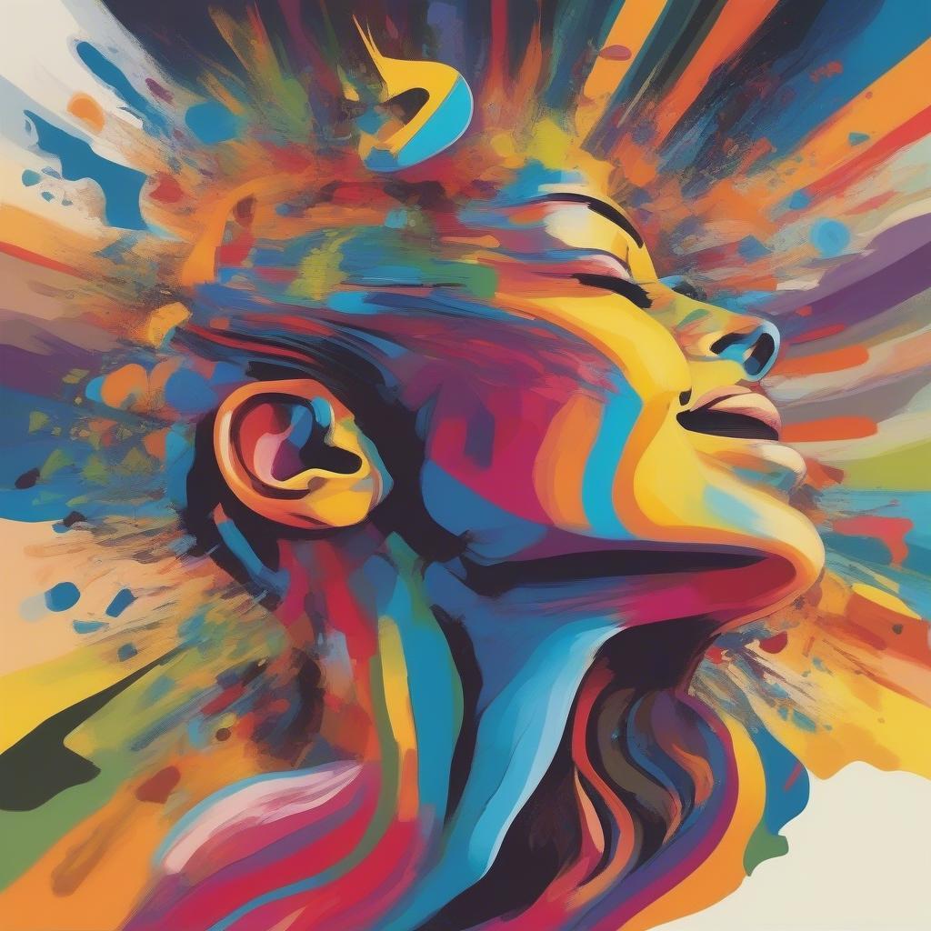 The Emotional Resonance of Music - An image depicting a person with headphones on, smiling with their eyes closed, surrounded by vibrant colors and abstract shapes.