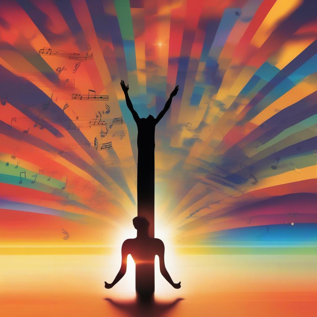 Silhouette of a person stretching against a vibrant sunrise backdrop, with musical notes overlaid.