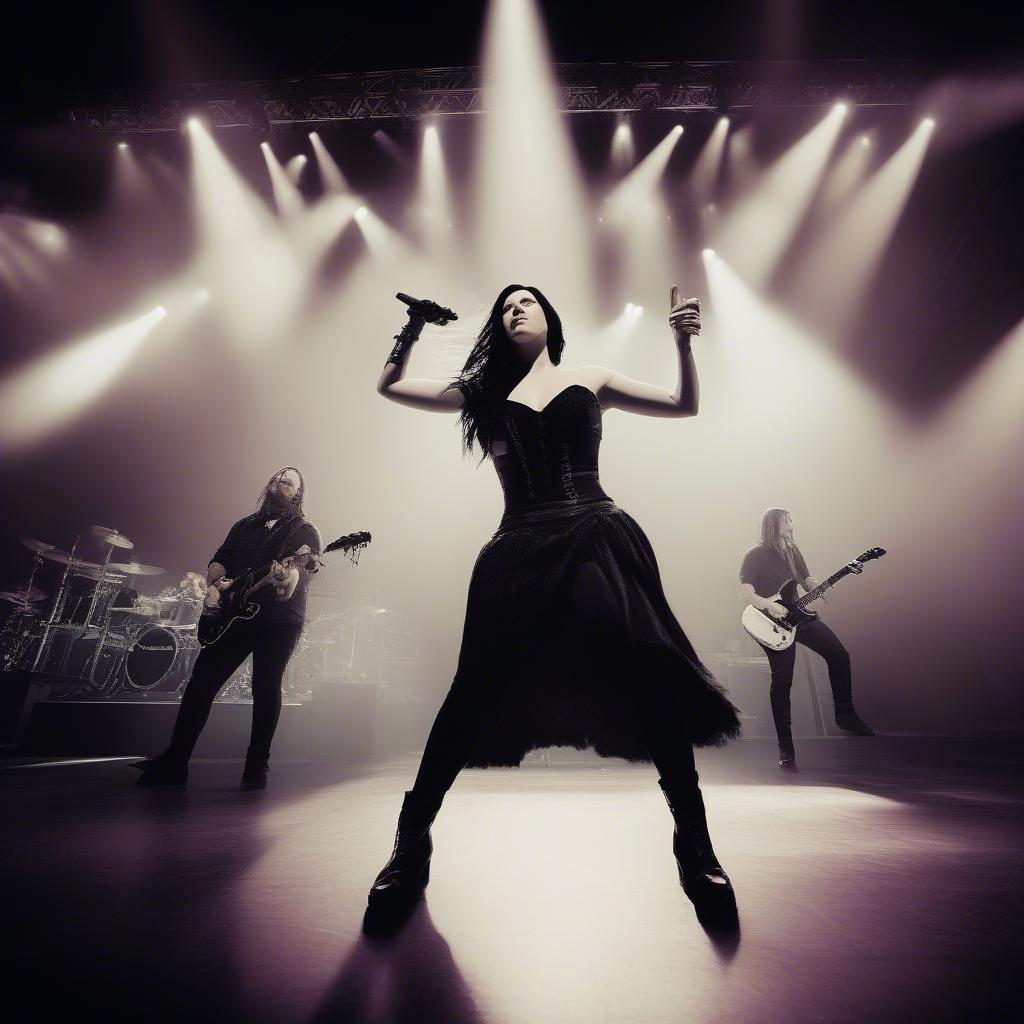 Evanescence performing live in a large concert venue