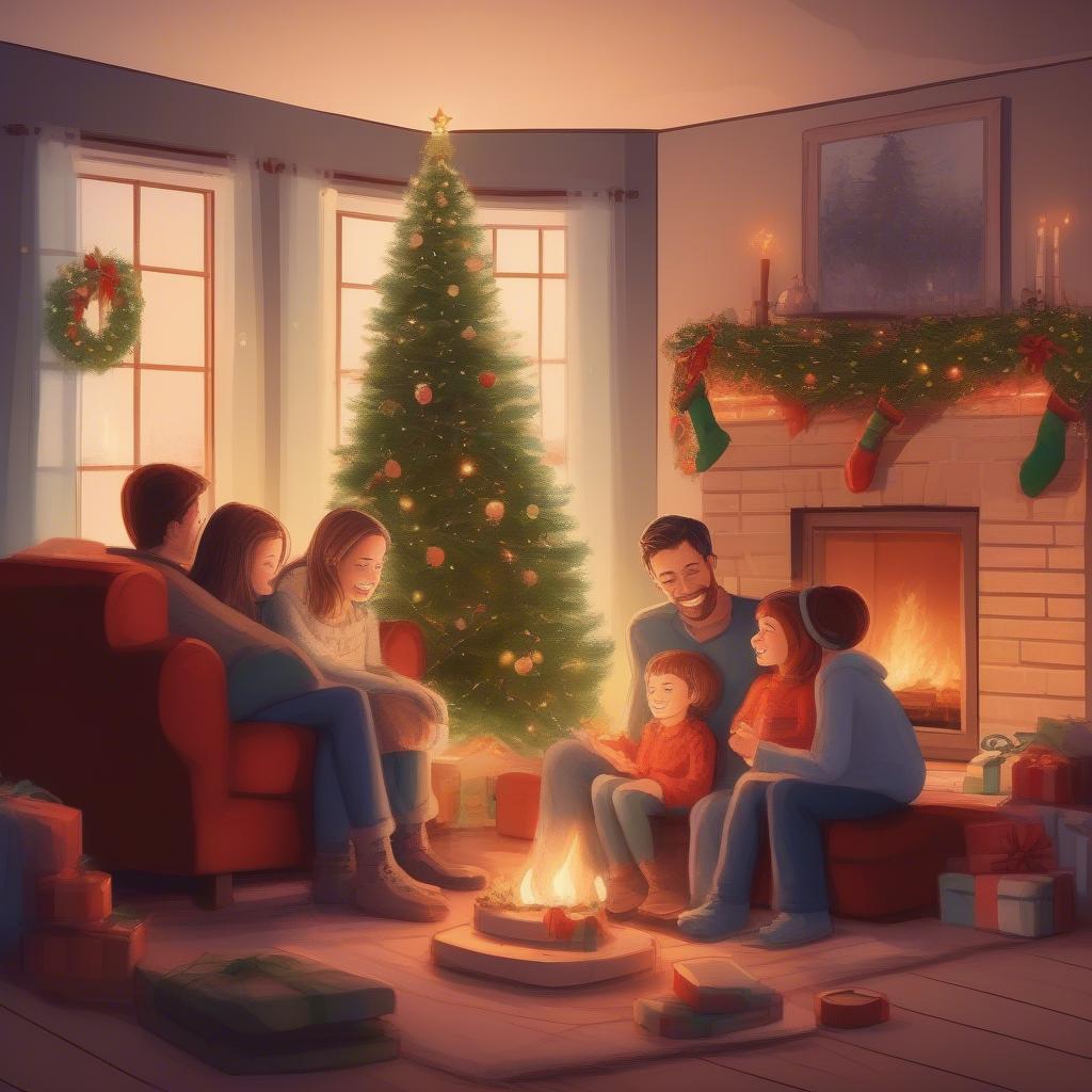 Family Gathered Around a Fireplace Listening to Christmas Music