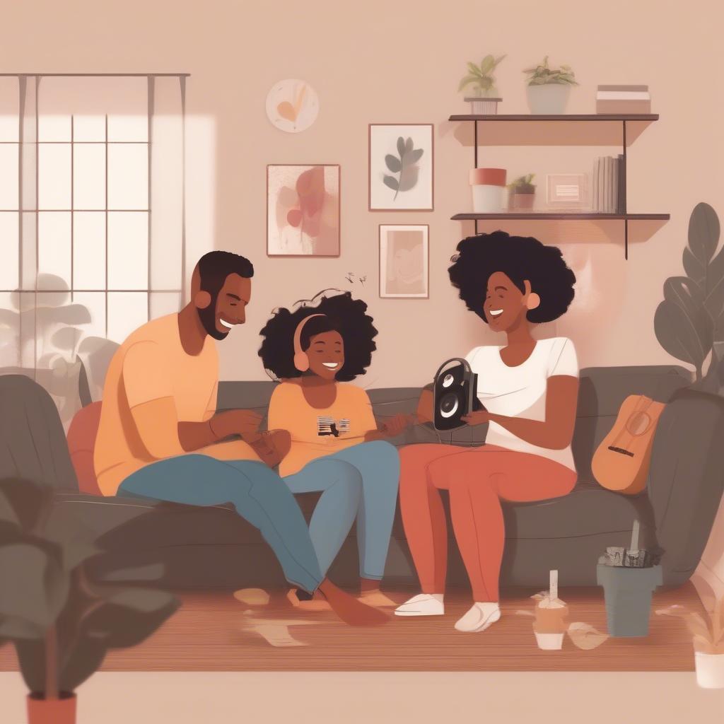 Family Enjoying Clean Music Together: A heartwarming image of a family listening to music together in their living room, smiling and enjoying the shared experience.