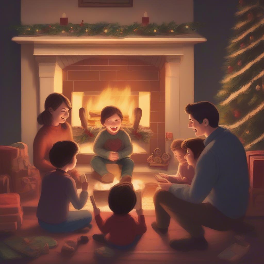 Family Singing Christmas Carols around a Fireplace