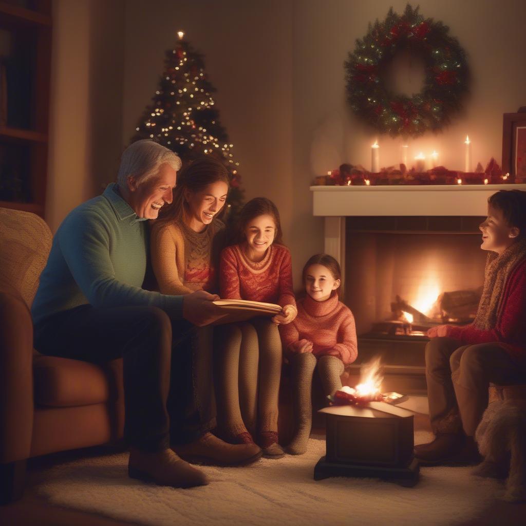 Family Singing Christmas Carols around a Fireplace