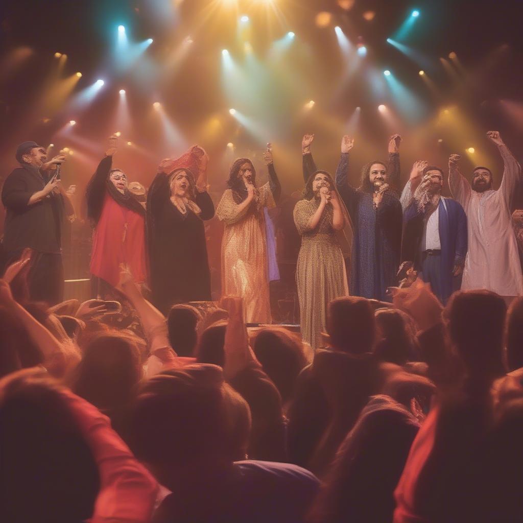 Famous Arabic singers captivating a large audience during a live concert performance