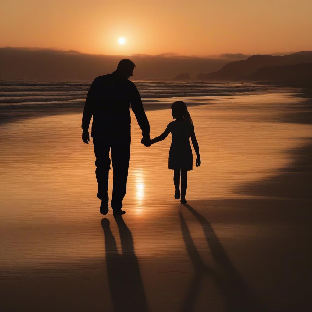 Father and daughter walking together at sunset