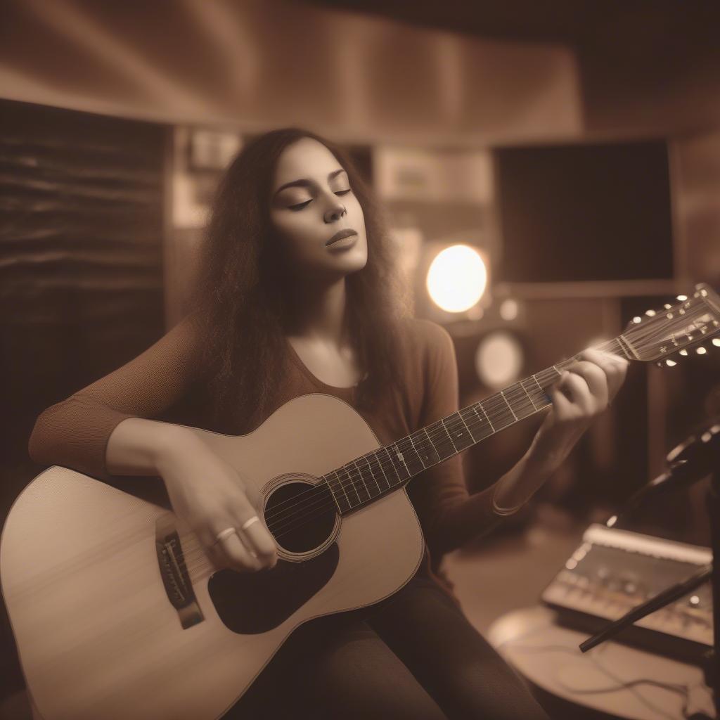 Female musician playing acoustic guitar in a studio