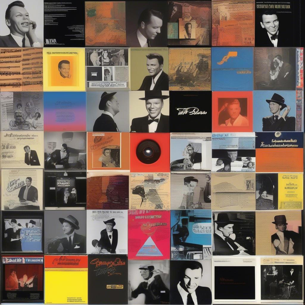 A collage of various Frank Sinatra album covers, showcasing his different musical eras and styles.