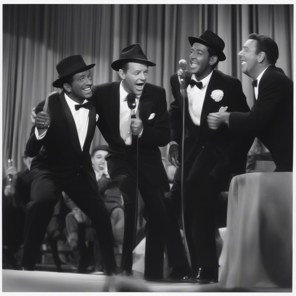 Frank Sinatra performing with the Rat Pack members, Dean Martin and Sammy Davis Jr., showcasing their camaraderie and entertainment power.