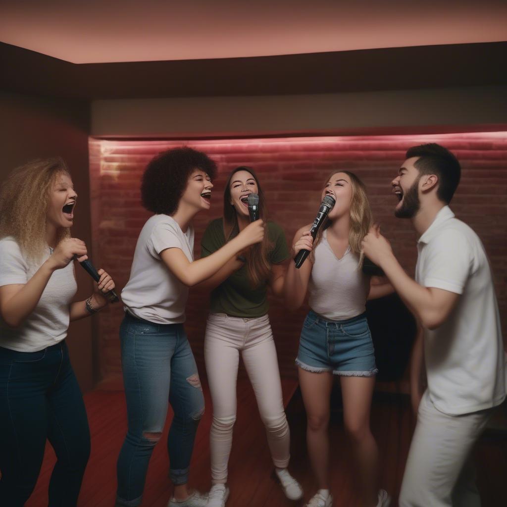 Group of friends having fun singing karaoke together.