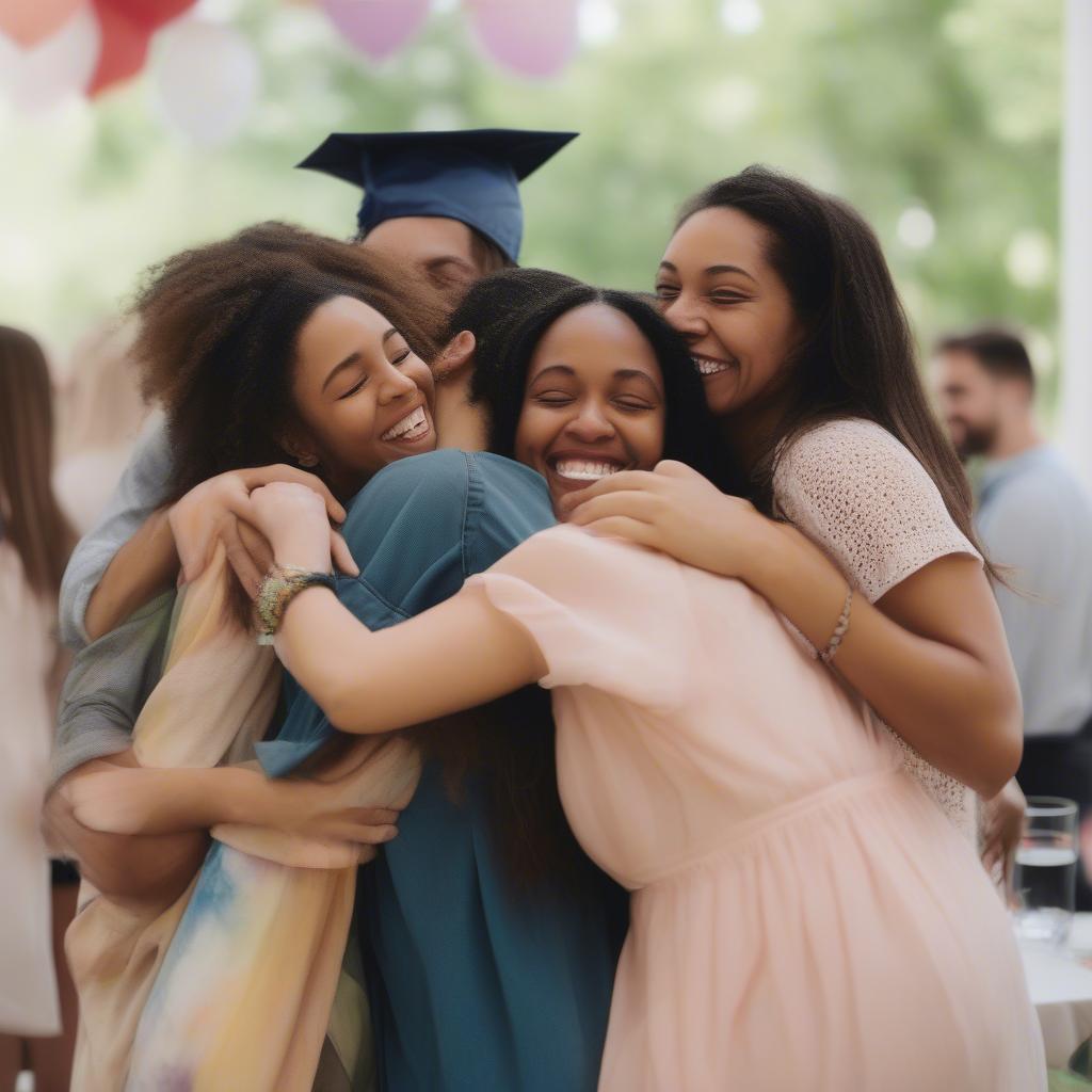 Friends hugging at a graduation party