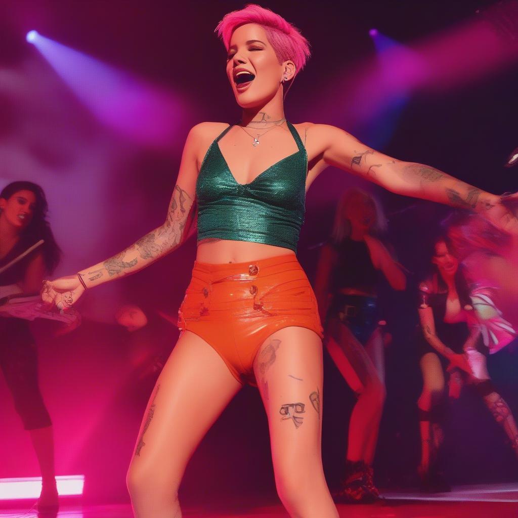 Halsey performs "Bad at Love" with energetic choreography, engaging the audience with her dynamic stage presence.