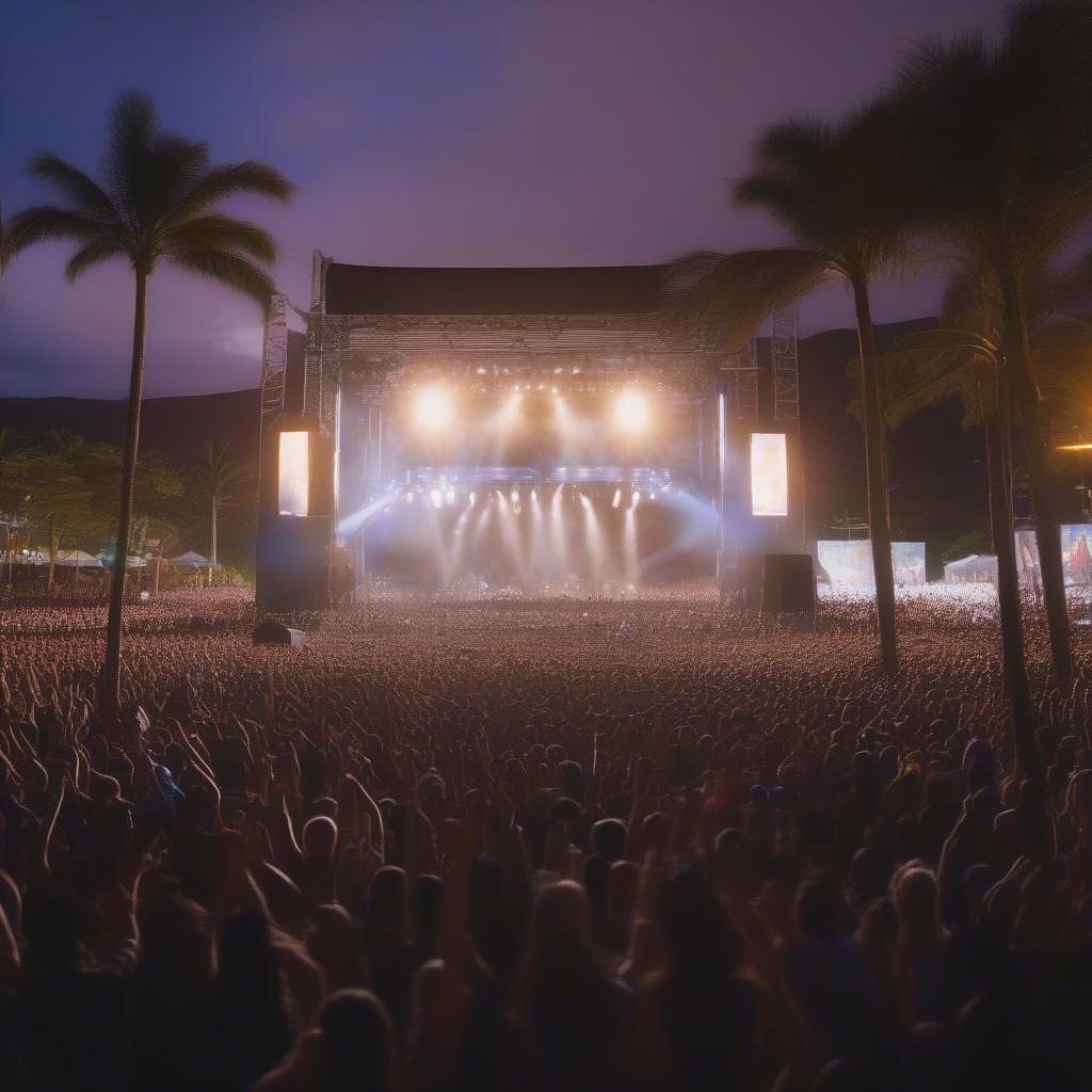 Hawaiian Music Festival: A large crowd cheers at a music festival.