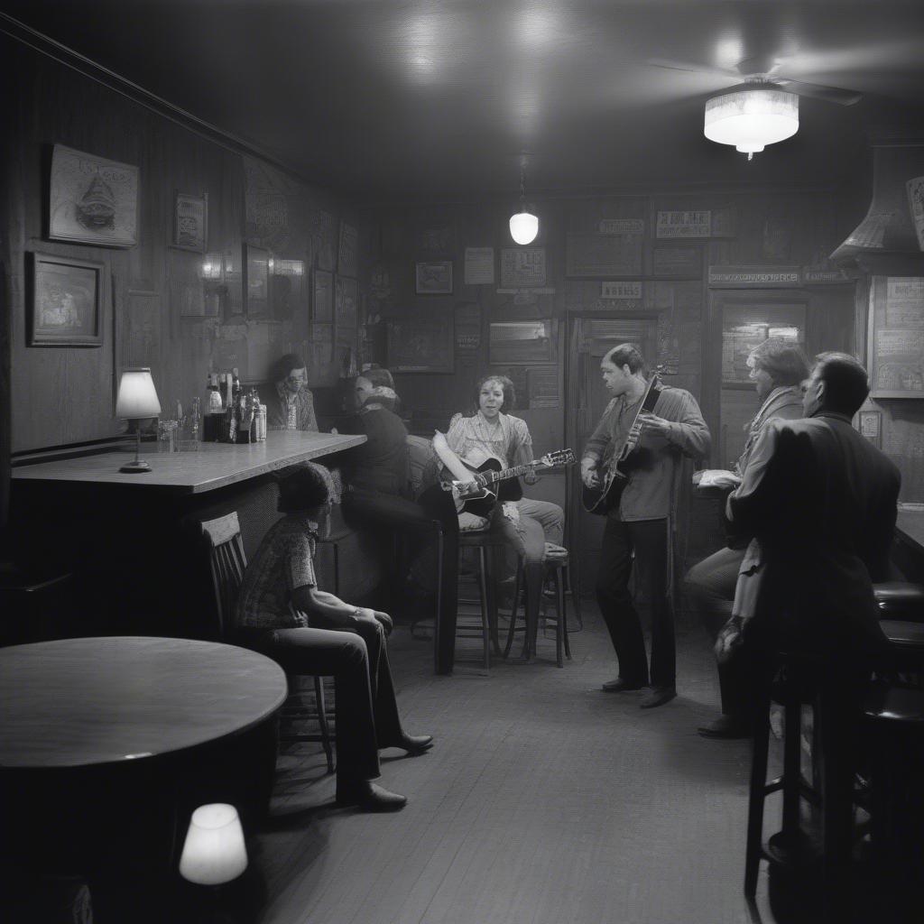 Honky-Tonk Heroes of the 1960s: A gritty black and white photo of a honky-tonk bar with musicians playing in the background, capturing the raw and authentic atmosphere of the genre.