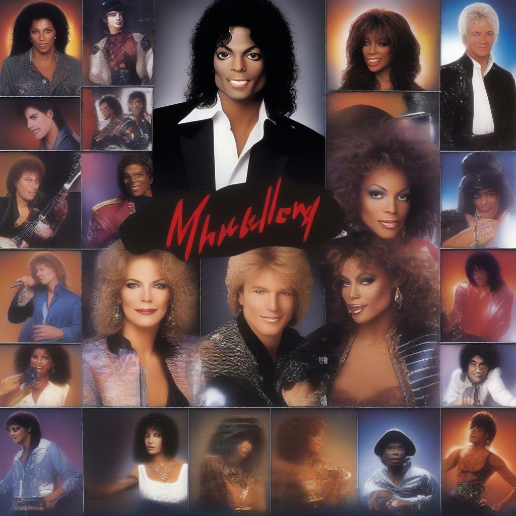 Iconic 80s Artists: A montage of photos featuring legendary musicians like Michael Jackson, Madonna, Prince, and Whitney Houston, representing the defining voices of the decade.