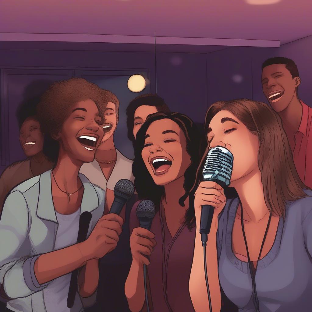 Friends enjoying karaoke together