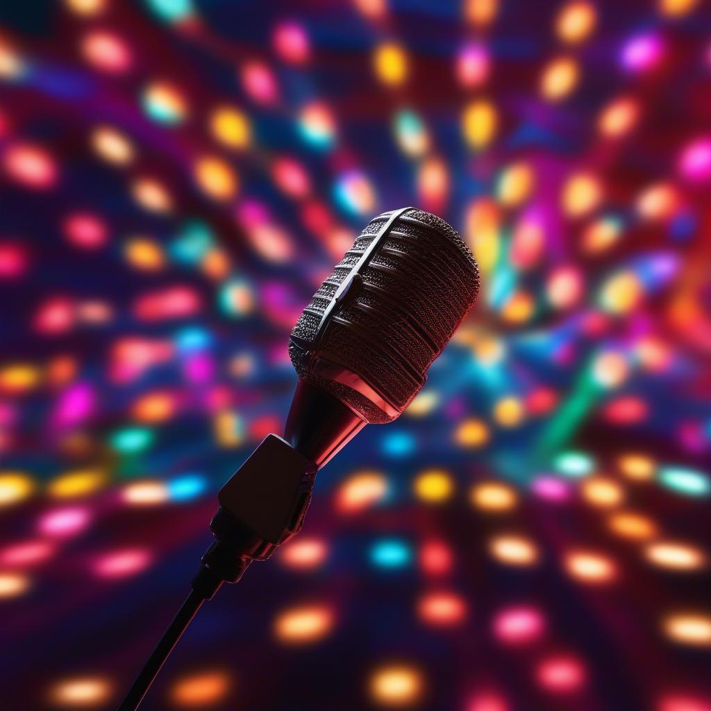 A microphone illuminated by colorful stage lights, symbolizing the vibrant karaoke scene of 2022. 