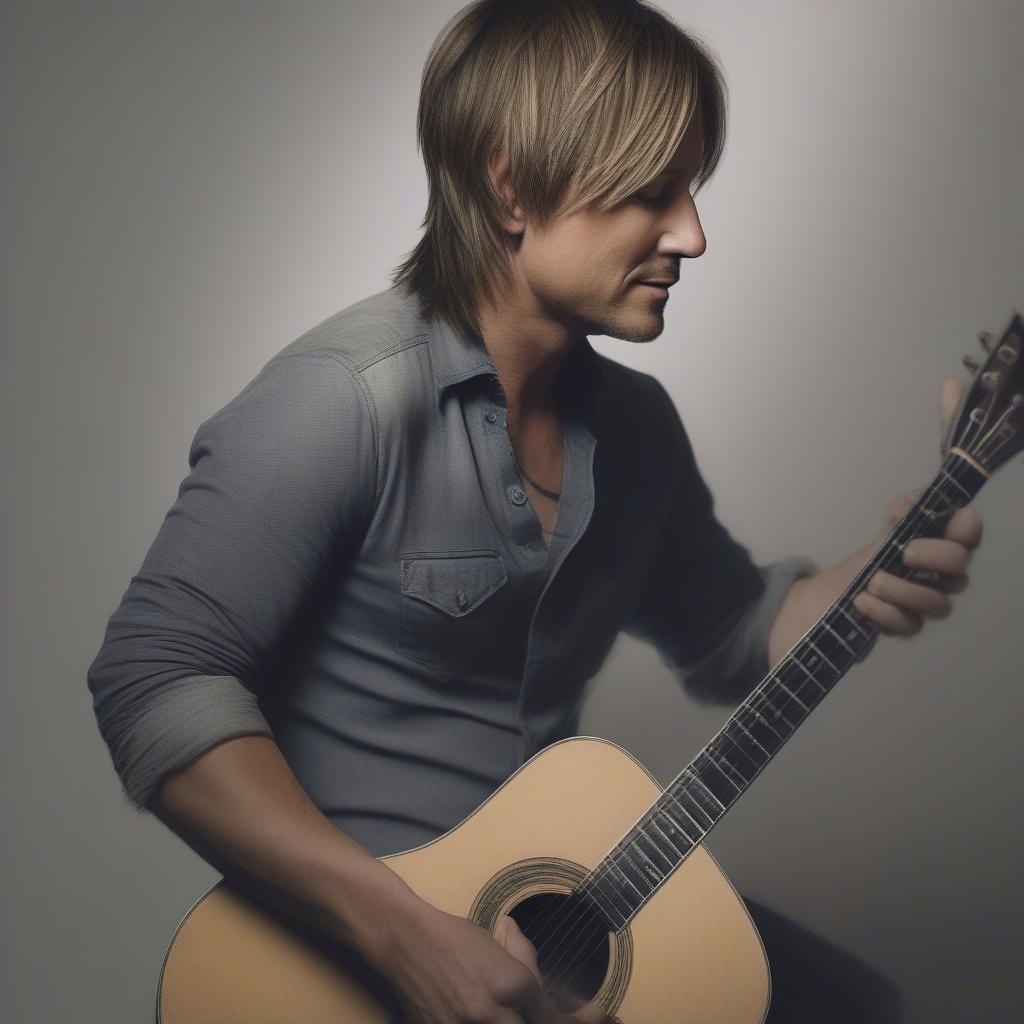 Keith Urban playing an acoustic guitar in a relaxed setting