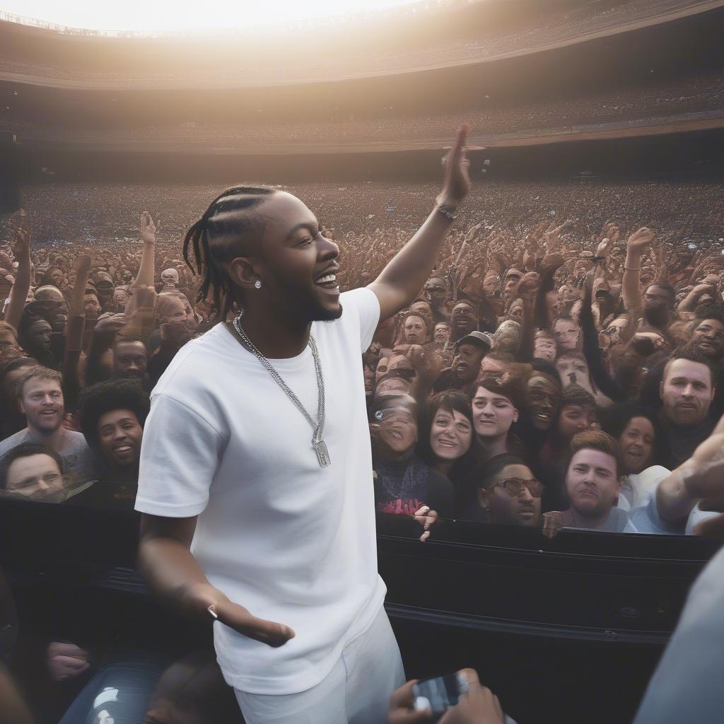 Kendrick Lamar performing at a concert with a captivated audience.