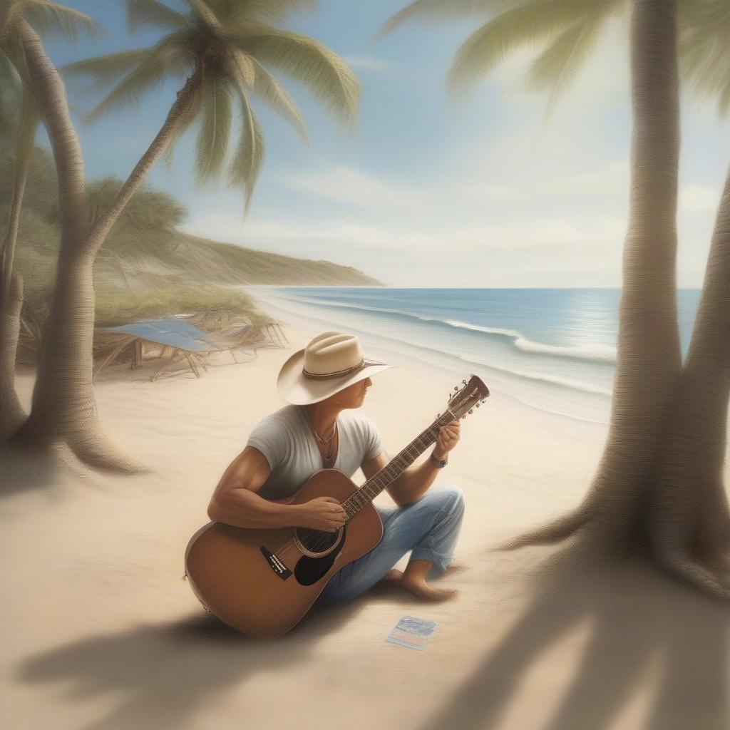 Kenny Chesney on a beach with guitar