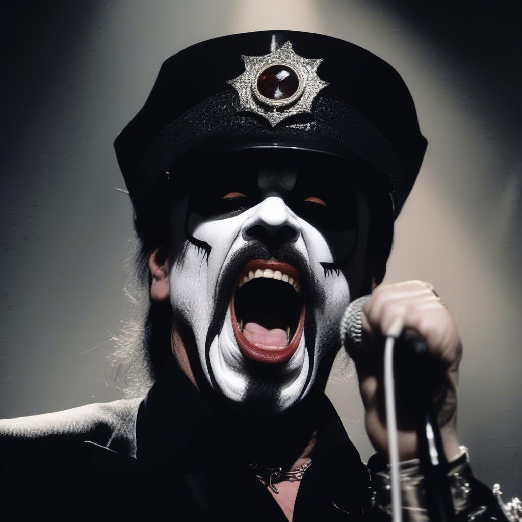 King Diamond passionately singing into a microphone during a live concert.