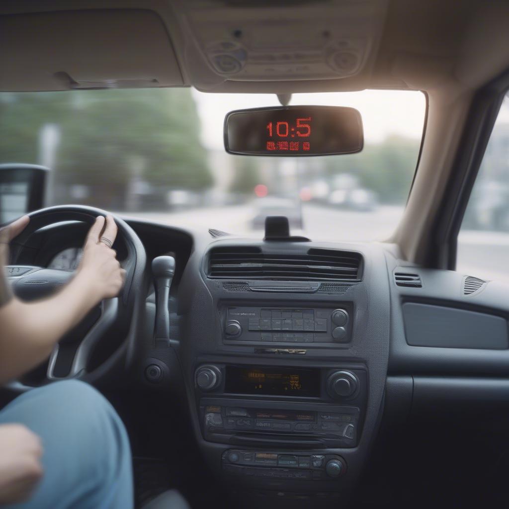 A person listening to the radio in their car with the 105.9 The X frequency displayed.