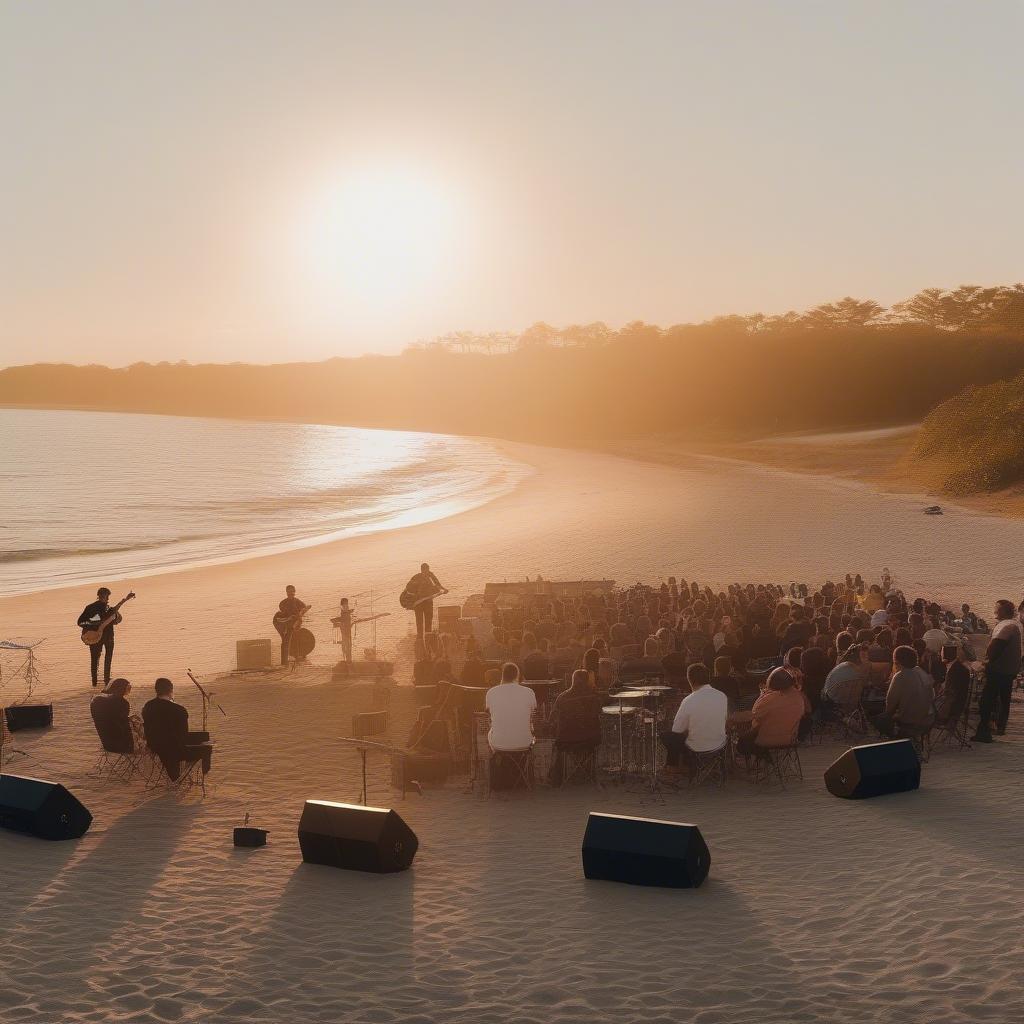 Live Hawaiian Music: A band performs on a beach at sunset.